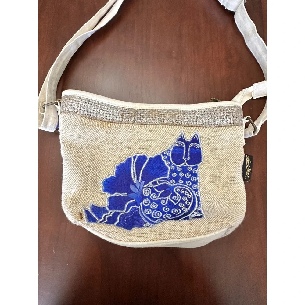 Laurel Burch Blue Cat Floral Canvas Crossbody Bag Silver Trim Adjustable Strap